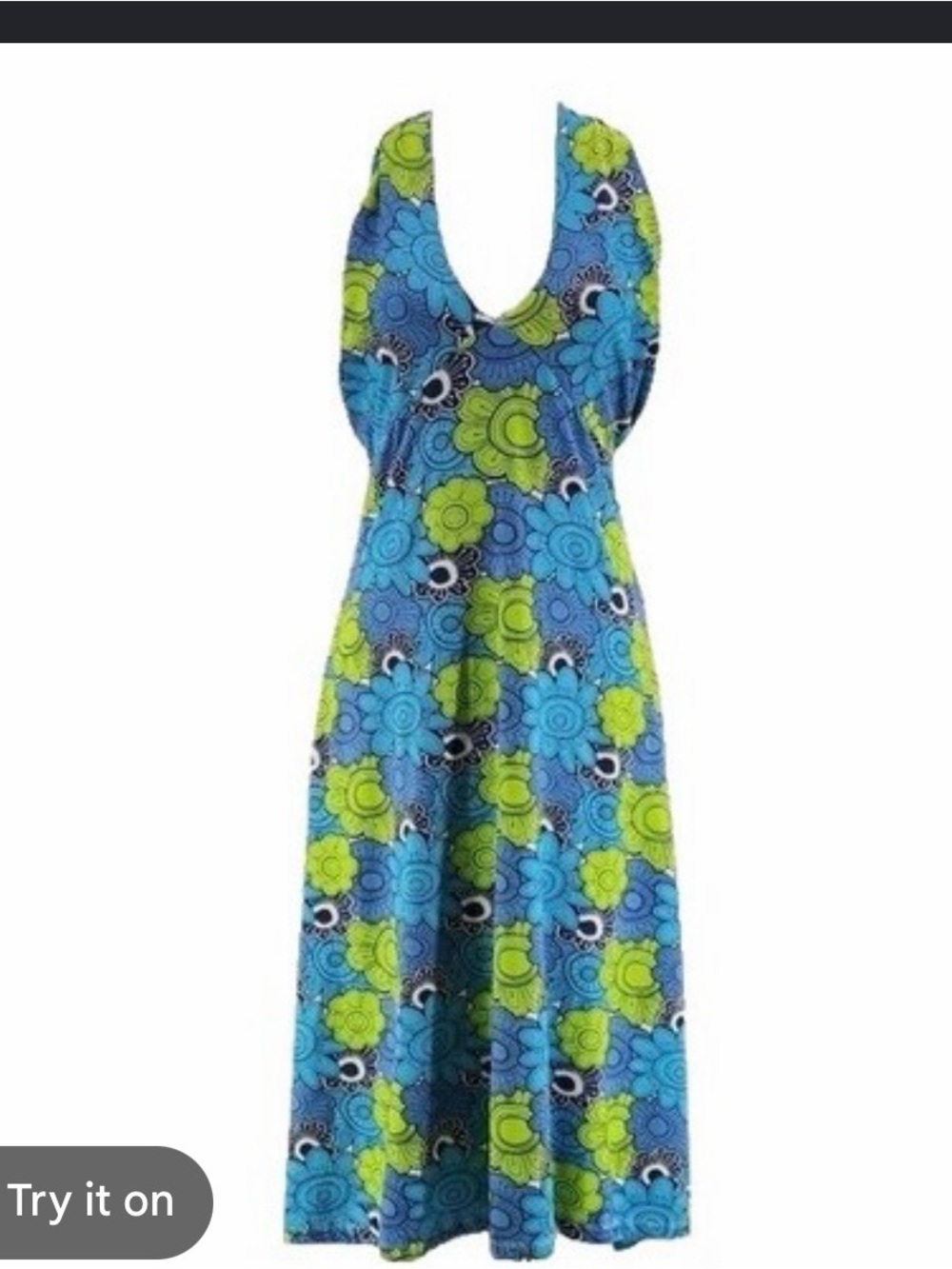 Soul Flower Organic Cotton Blue Green Floral V-Neck halter Dress USA made M knit